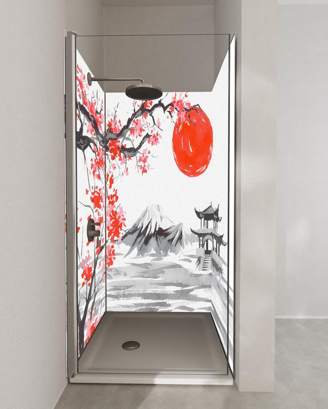 Duschrückwand - Asiatische Aquarellkunst mit Berg & Sonne