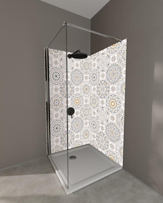 Duschrückwand - Beige Mosaikfliesen Muster mit geometrischen Formen