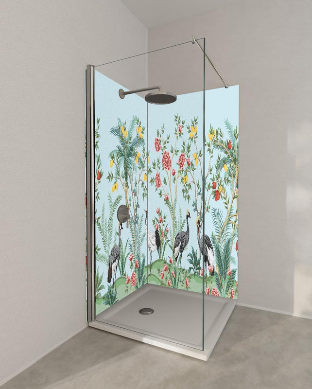 Duschrückwand - Botanische Tapete mit exotischen Vögeln