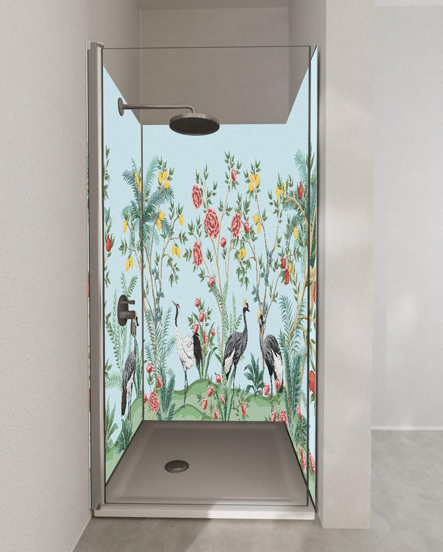Duschrückwand - Botanische Tapete mit exotischen Vögeln