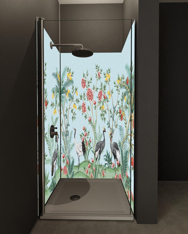 Duschrückwand - Botanische Tapete mit exotischen Vögeln