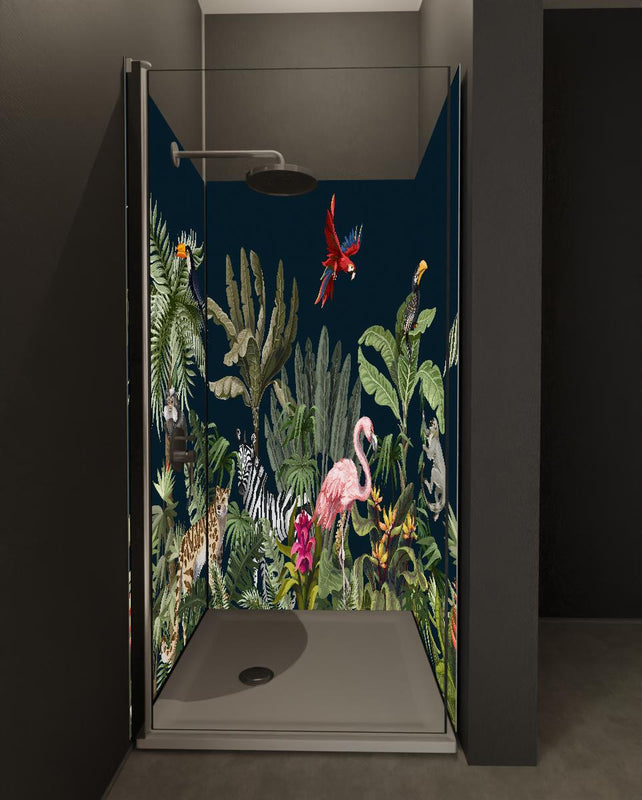 Duschrückwand - Buntes Dschungel Tiermuster Wandbild