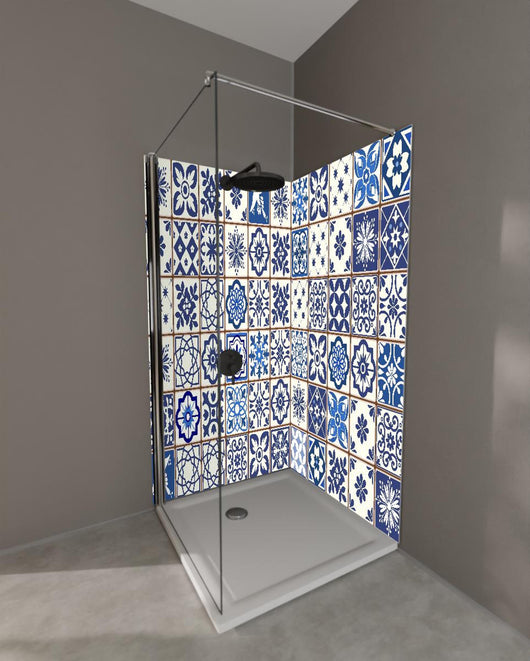 Duschrückwand - Diverse Blau-Weiße Kachelmuster Designs