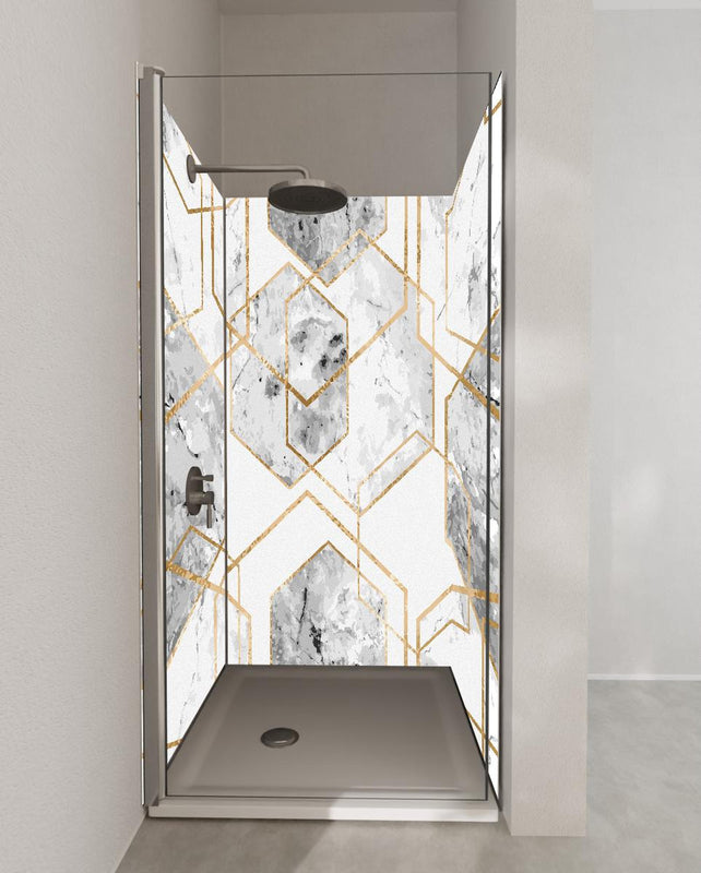 Duschrückwand - Edle Marmoroptik in Weiß und Gold