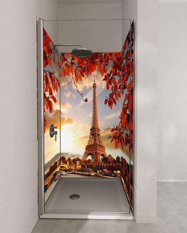 Duschrückwand - Eiffelturm mit Herbstlaub in Paris