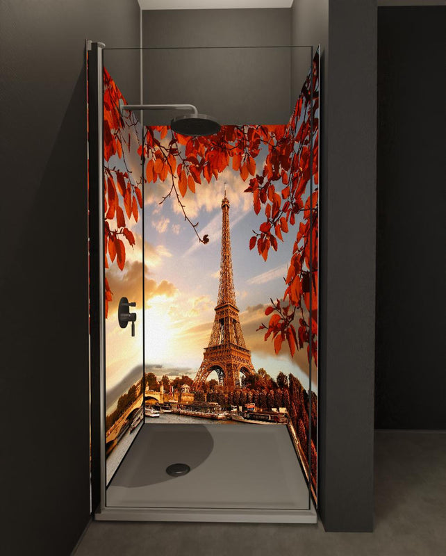 Duschrückwand - Eiffelturm mit Herbstlaub in Paris