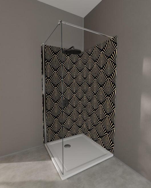 Duschrückwand - Elegantes Art-Deco-Muster in Gold und Schwarz