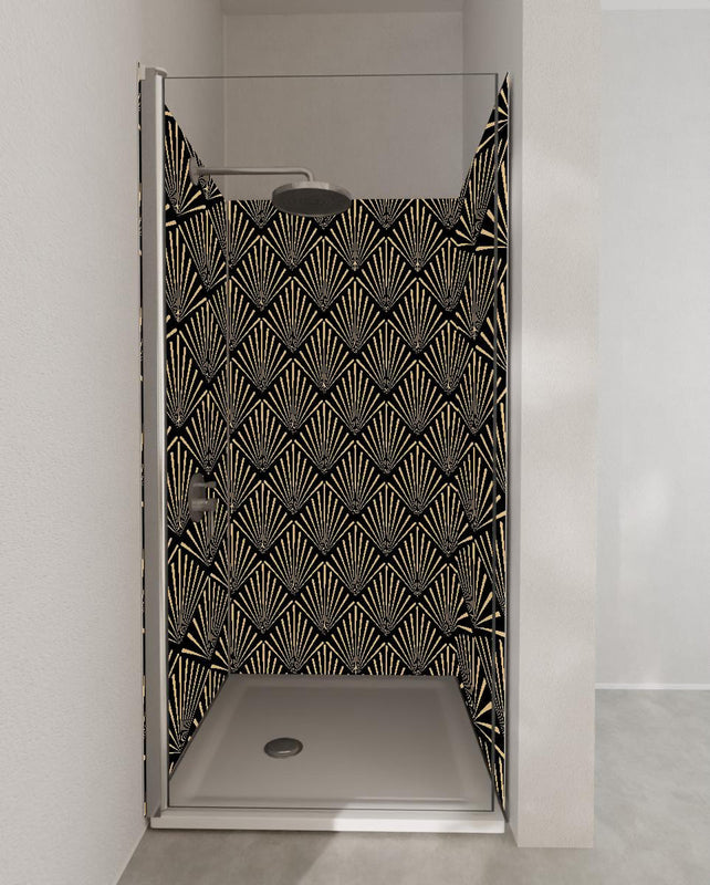 Duschrückwand - Elegantes Art-Deco-Muster in Gold und Schwarz