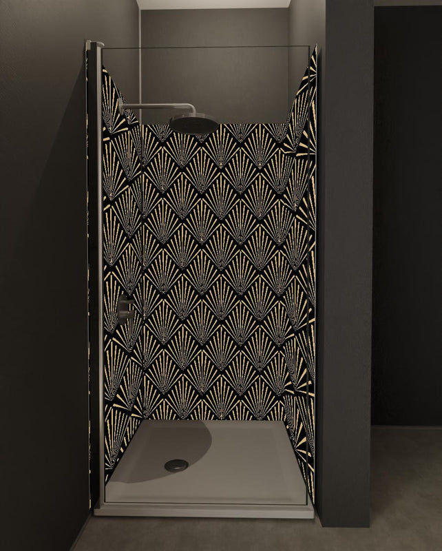 Duschrückwand - Elegantes Art-Deco-Muster in Gold und Schwarz