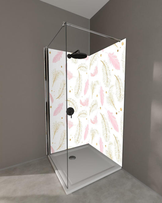 Duschrückwand - Elegantes Feder-Muster in Rosa und Goldtönen