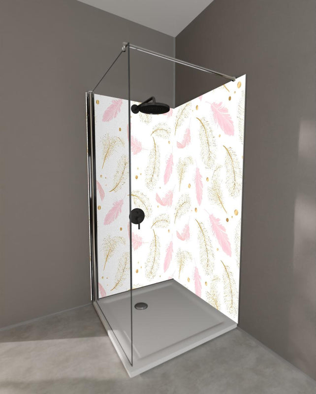 Duschrückwand - Elegantes Feder-Muster in Rosa und Goldtönen