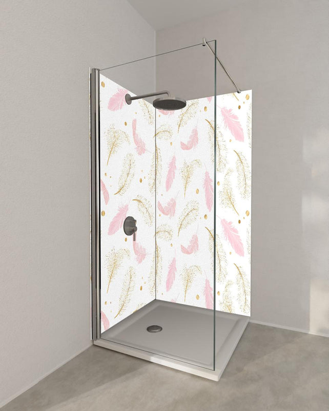 Duschrückwand - Elegantes Feder-Muster in Rosa und Goldtönen