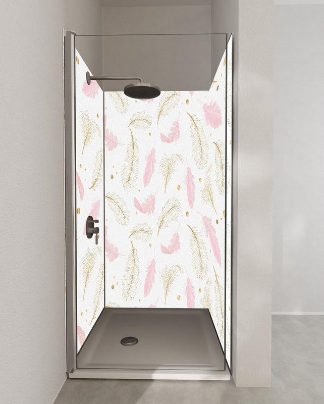 Duschrückwand - Elegantes Feder-Muster in Rosa und Goldtönen