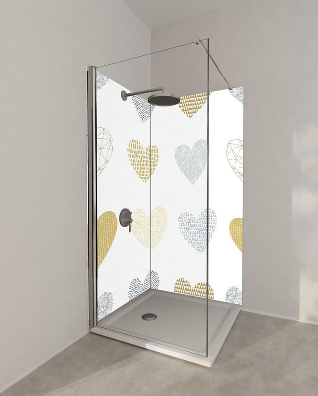 Duschrückwand - Elegantes Herz-Muster in Gold und Grau
