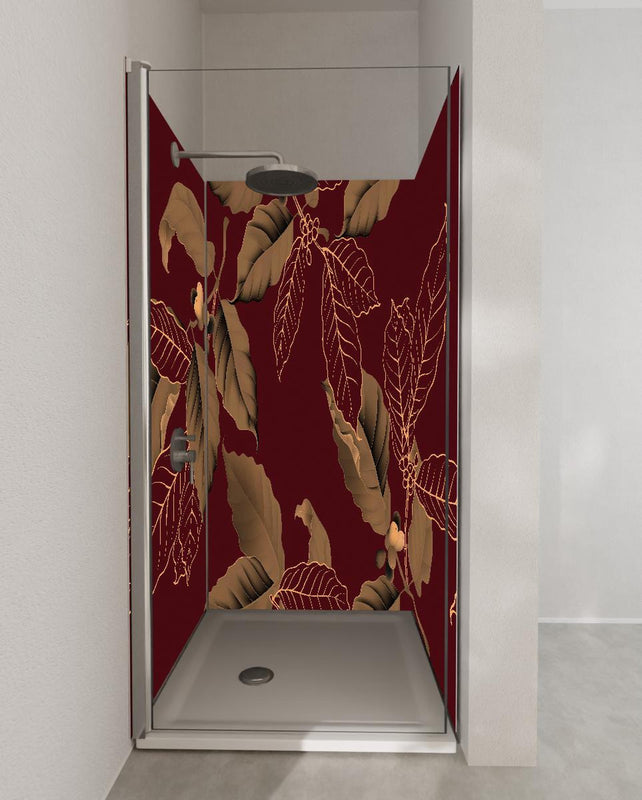 Duschrückwand - Exklusives Kaffeeblätter-Design auf Rot