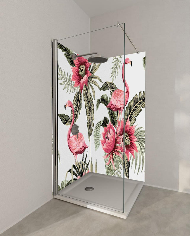 Duschrückwand - Exotischer Flamingo und Blumen Musterdruck