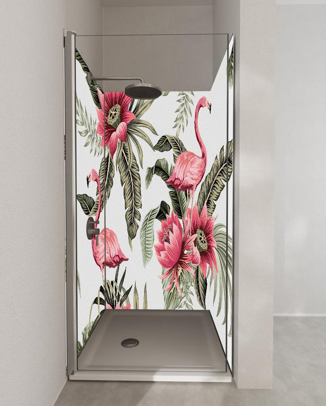 Duschrückwand - Exotischer Flamingo und Blumen Musterdruck
