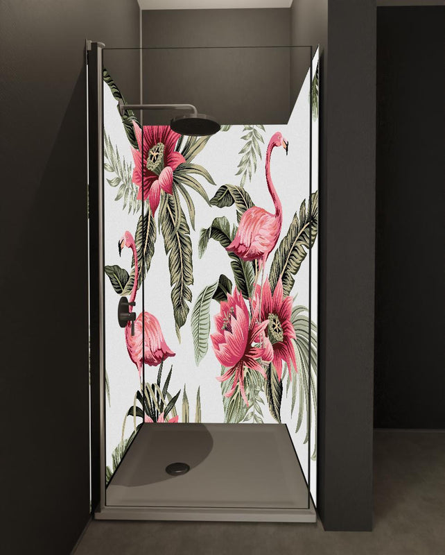 Duschrückwand - Exotischer Flamingo und Blumen Musterdruck
