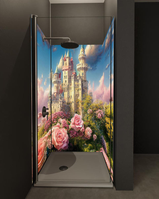 Duschrückwand - Fantasy Garten Schloss mit vielen Blumen