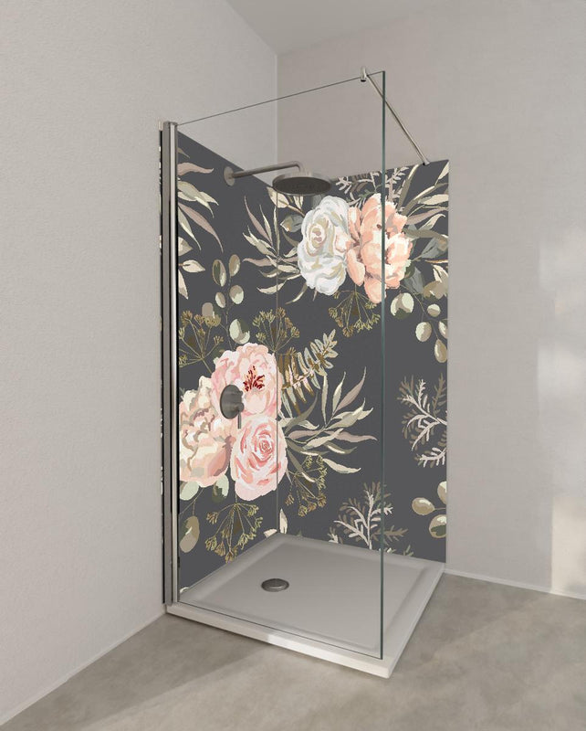 Duschrückwand - Florales Muster Rosa Blüten auf Dunkelgrau
