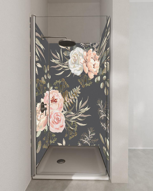 Duschrückwand - Florales Muster Rosa Blüten auf Dunkelgrau