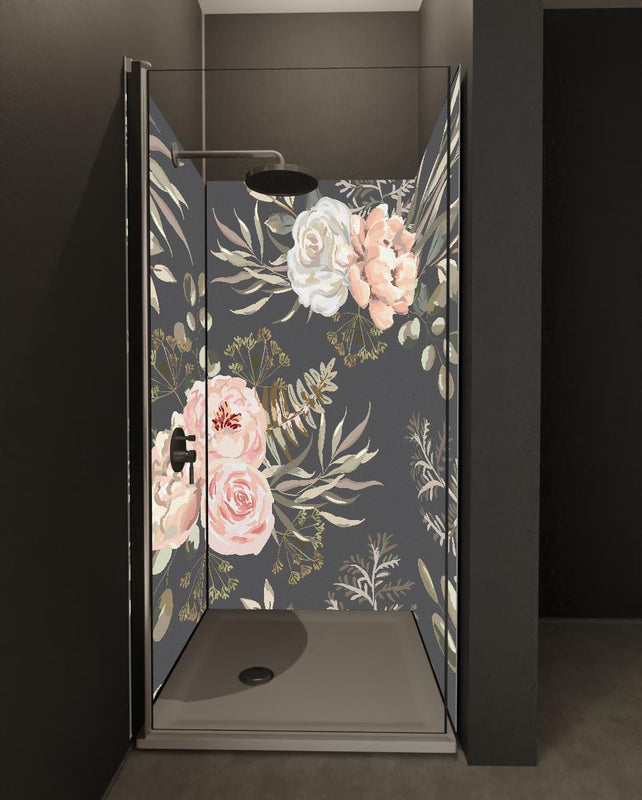 Duschrückwand - Florales Muster Rosa Blüten auf Dunkelgrau