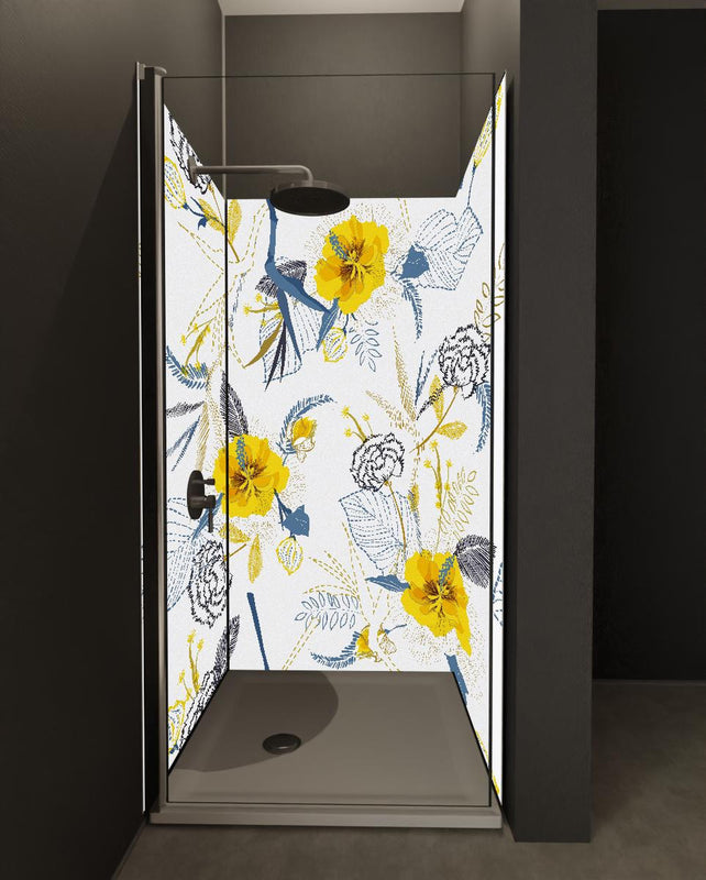 Duschrückwand - Florales Muster mit gelben Akzenten