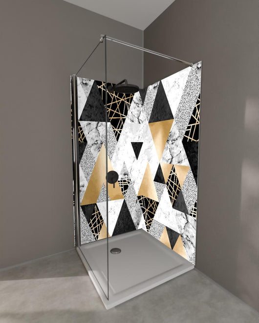 Duschrückwand - Geometrisches Muster in Gold, Schwarz und Weiß