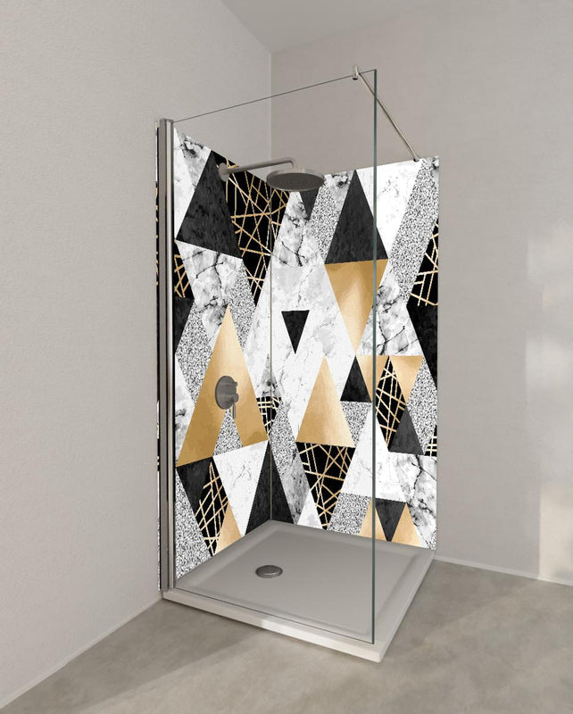 Duschrückwand - Geometrisches Muster in Gold, Schwarz und Weiß