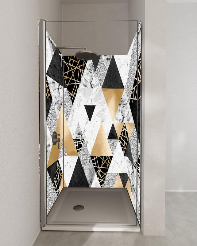 Duschrückwand - Geometrisches Muster in Gold, Schwarz und Weiß