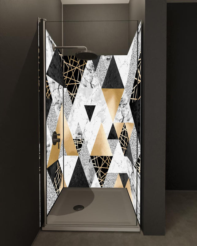 Duschrückwand - Geometrisches Muster in Gold, Schwarz und Weiß