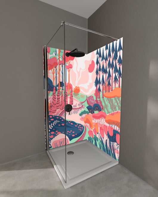 Duschrückwand - Illustrative Waldszene in Pastellfarbtönen