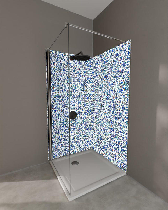 Duschrückwand - Kachel-Mosaik mit Blumen in Blau-Weiß