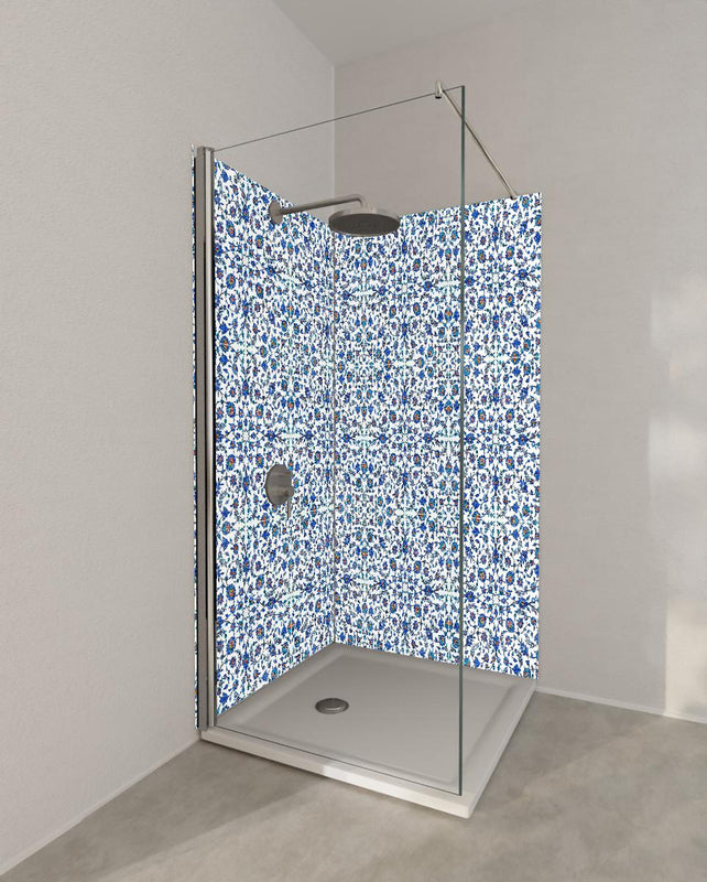 Duschrückwand - Kachel-Mosaik mit Blumen in Blau-Weiß