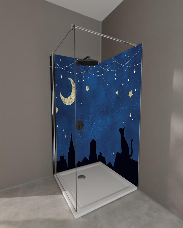 Duschrückwand - Katze Mond und Sterne Silhouettenbild