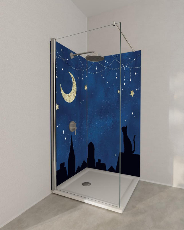 Duschrückwand - Katze Mond und Sterne Silhouettenbild