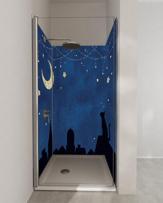 Duschrückwand - Katze Mond und Sterne Silhouettenbild