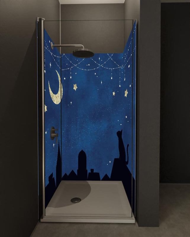 Duschrückwand - Katze Mond und Sterne Silhouettenbild