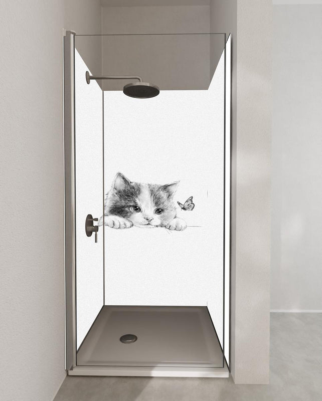 Duschrückwand - Kindermotiv einer Katze - schwarz-weiß