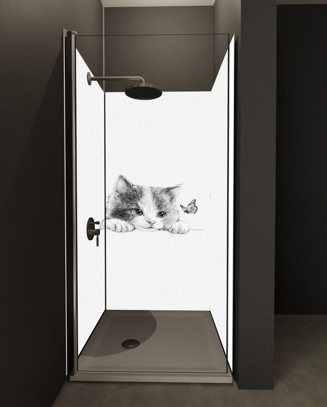 Duschrückwand - Kindermotiv einer Katze - schwarz-weiß