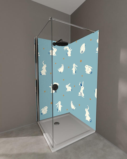 Duschrückwand - Kindliches Kaninchen Muster auf Blau