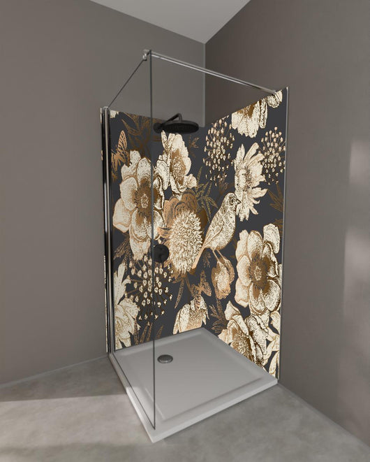 Duschrückwand - Luxuriöses Goldbraun Pfau & Blumen Muster