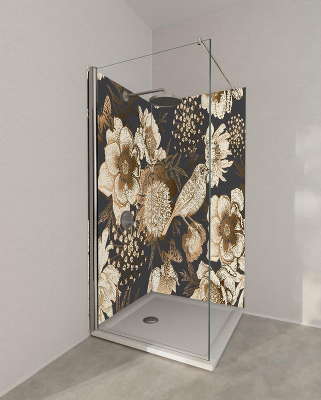 Duschrückwand - Luxuriöses Goldbraun Pfau & Blumen Muster