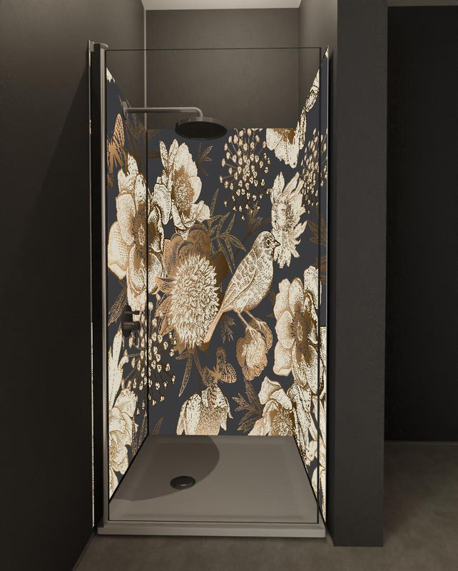 Duschrückwand - Luxuriöses Goldbraun Pfau & Blumen Muster