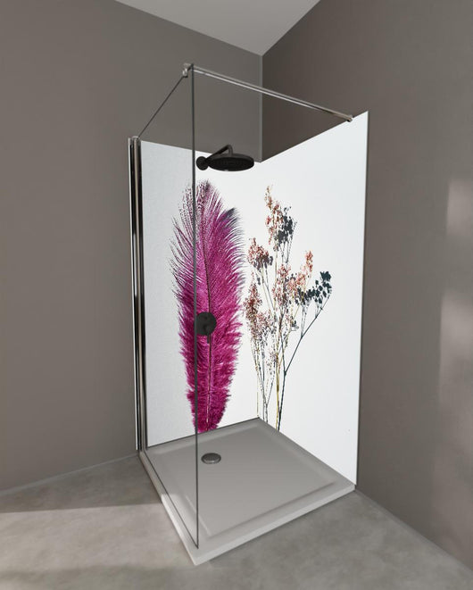 Duschrückwand - Rosa Feder und Trockenblumen
