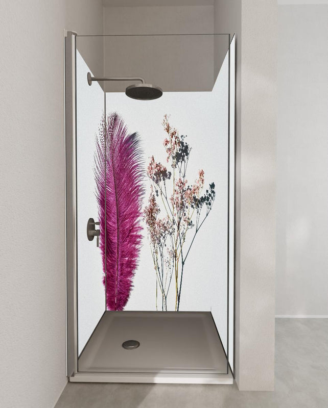 Duschrückwand - Rosa Feder und Trockenblumen