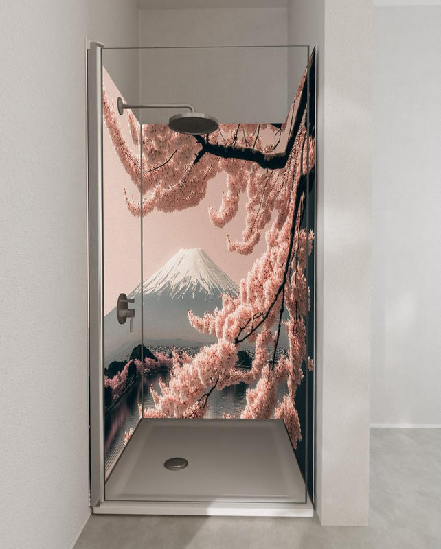 Duschrückwand - Sakura Baum mit Fuji Berg im Hintergrund