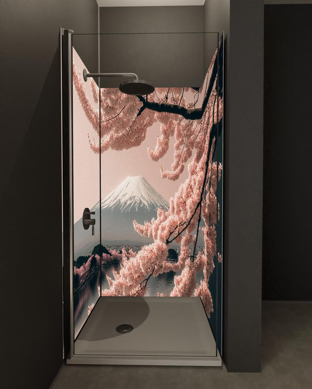 Duschrückwand - Sakura Baum mit Fuji Berg im Hintergrund