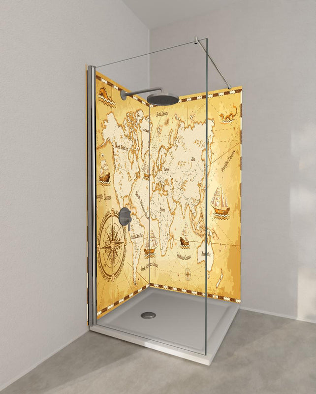 Duschrückwand - Stilisierte Vintage Weltkarte mit Segelschiffen