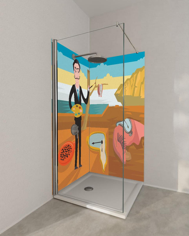 Duschrückwand - Surreales Gemälde Meeresküste mit Uhren